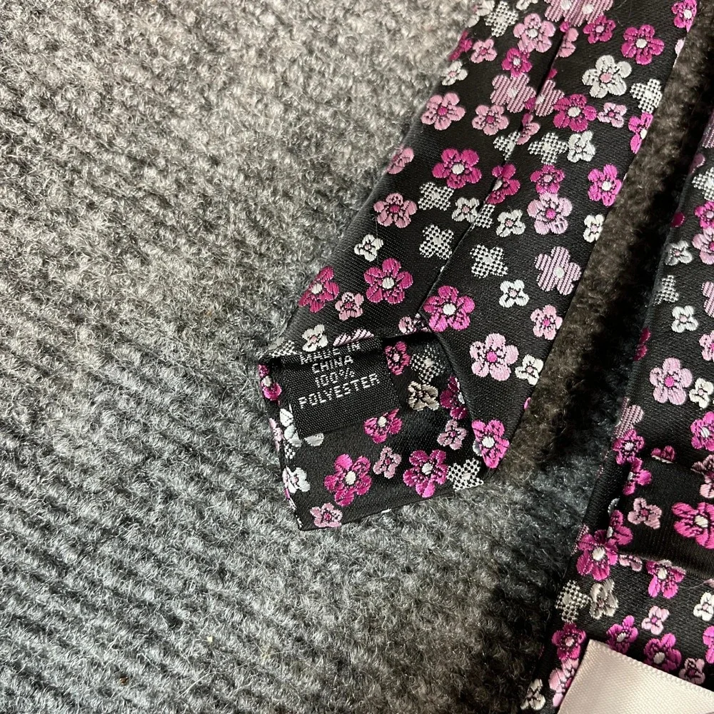 Bespoke New York Mens Necktie Black Pink Purple Floral Flower Print Polyester
